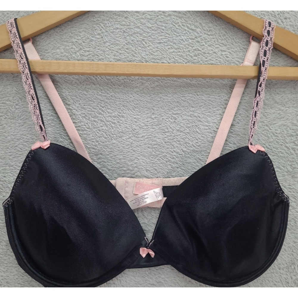 Vintage Victoria's Secret Bra 36D Black pink Lace Bows Lightly Padded Underwire